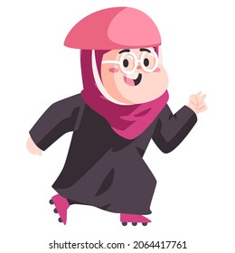 Moslem woman with helmet and pink hijab is running by inline skates to be healthy modern cartoon flat color isolated background vector illustration