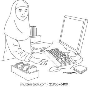 A Moslem Woman Librarian Line Art Illustration