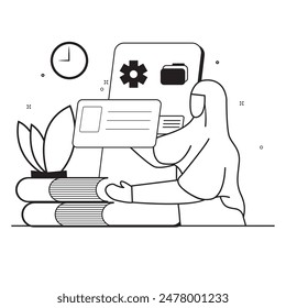 A Moslem Woman Office Work Line Art Illustration