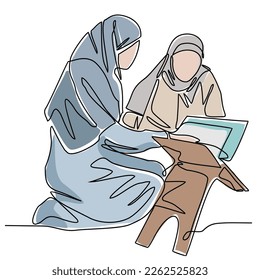 moslem Woman read Quran in the mosque during ramadhan time in continuous line art drawing style. design with Minimalist black linear design isolated on white background. Vector illustration