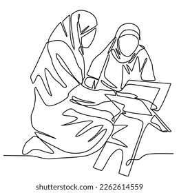 moslem Woman read Quran in the mosque during ramadhan time in continuous line art drawing style. design with Minimalist black linear design isolated on white background. Vector illustration