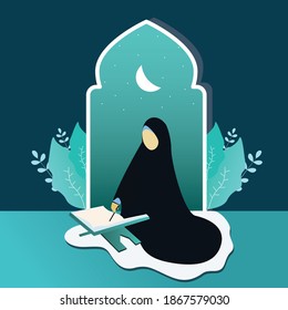 Moslem Woman Reciting The Holy Quran With The Night Background Flat Illustration