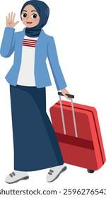 moslem woman waving with luggage