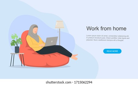 Moslem Women With Hijab Working At Home Office. Character Sitting At Bean Bag. Online Education Or Work From Home Concept. Vector Illustration.