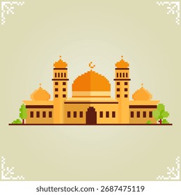 Mosque in 8 bit pixel art for game assets or cross stitch pattern