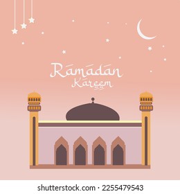 Mosque Abu Dhabi Ramadan Wishes Theme with Half Moon Lantern Star. Happy Ramadan Kareem Greetings with Colorful Background.
