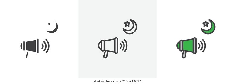 Mosque Adzan Prayer Calling Icons. Islamic Worship Announcement and Ritual Symbols