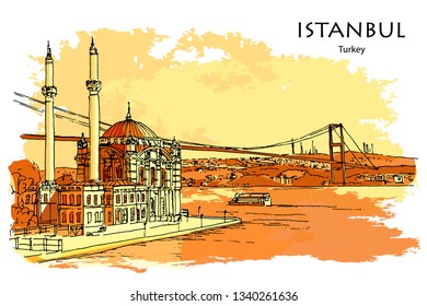 ORTAKÖY MOSQUE ALONG THE BOSPHORUS, ISTANBUL, TURKEY – Hand drawn sketch