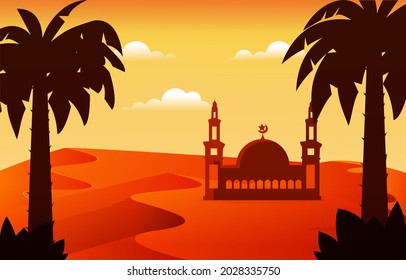 Mosque Arabic Desert Muslim Eid Mubarak Islamic Culture Illustration