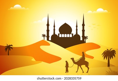 Mosque Arabic Desert Muslim Eid Mubarak Islamic Culture Illustration
