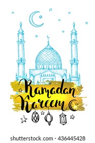 Mosque and arabic lanterns. Islamic holiday vector background. Ink hand drawn inscription Ramadan Kareem. Typography. Lettering. Calligraphy. Golden brushstroke.