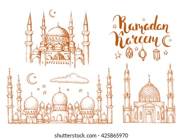 Mosque and arabic lanterns. Ramadan Kareem. Islamic holiday vector background. Ink hand drawn inscription. Brush lettering. Calligraphy. Sketch. Isolated.