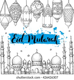 Mosque and arabic lanterns. Ramadan Kareem. Islamic holiday vector background. Ink hand drawn inscription Eid Mubarak. Brush lettering. Calligraphy.  Black and white sketch.