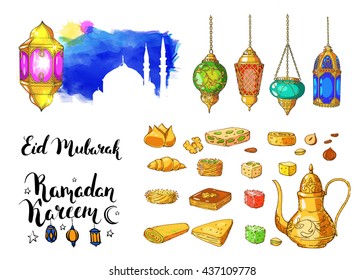 Mesquita e lanternas árabes. Comida tradicional islâmica Halal. Fundo de aquarela do vetor.  Inscrição desenhada à tinta Ramadan Kareem e Eid Mubarak. Caligrafia.