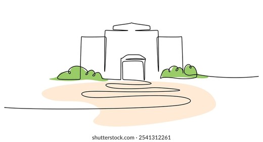 Mosque architecture depicted in continuous one line drawing. Religious building concept with minimalist design.