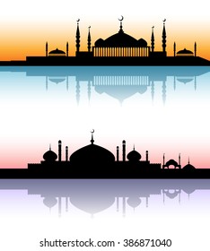 Mosque architecture silhouettes sunset cityscapes. Black skyline with reflection on colourful background. Vector illustration