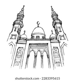 Mezquita, esbozo de arquitectura, vector de ilustración dibujado a mano