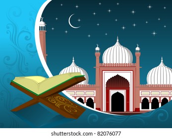 mosque background with holy book quran on wood stand