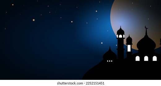 Mosque background at night with full moon. Suitable for posters, banners, campaigns and greeting cards for Islamic holidays with copy space for your text.