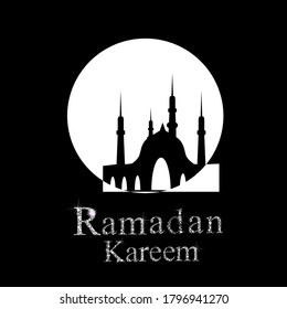 Mosque in the background of the round moon. Greeting card with text. T-shirt printing. Vector illustration