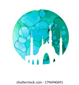 Mosque in the background of the round moon. T-shirt printing. Mixed media. Vector illustration