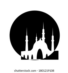 Mosque in the background of the round moon. T-shirt printing. Vector illustration
