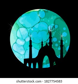 Mosque in the background of the round moon. T-shirt printing. Mixed media. Vector illustration