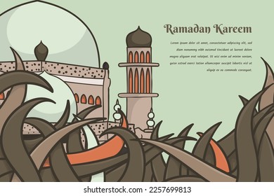 Mosque behind the grass in hand drawn design for ramadan kareem or eid mubarak template