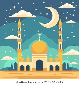 Mosque and Big Crescent Moon at Night Sky Islamic Festival Card