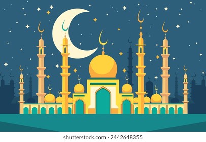 Mosque and Big Crescent Moon at Night Sky Islamic Festival Card