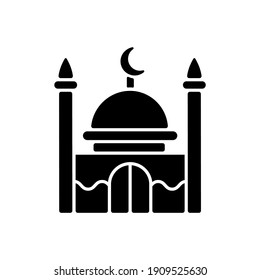 Mosque black glyph icon. Place of worship for muslims. Facilities and minarets from which calls to prayer are issued. Silhouette symbol on white space. Vector isolated illustration