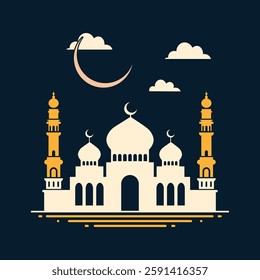 Mosque black silhouette on white background. Vector illustration of a mosque silhouette in ramadan time, eid al fitr, eid al adha, other events.