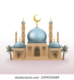 mosque with blue dome and golden crescent moon