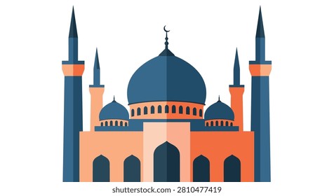 Mosque building with blue domes and minarets in flat design. Clean flat illustration of a grand mosque featuring a large central blue dome, smaller domes, and tall orange minarets. Ideal for Ramadan, Eid, or Islamic culture greeting cards.