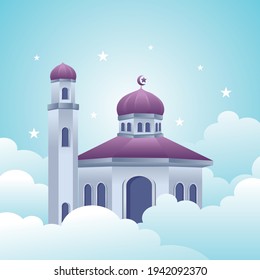 Mosque building in the cloud flat design illustration, Ramadan Mubarak background
