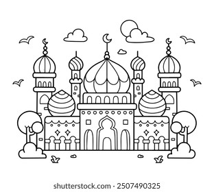 Mosque building coloring page illustration