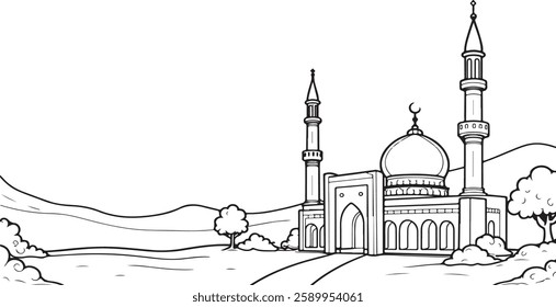 A Mosque building for coloring page, vector illustration, Vector Islamic Mosque Coloring Page For Kids Activity