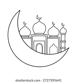 Construção de mesquita e crescente ilustração de arte da linha da lua
