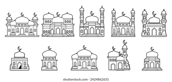 Mosque building element outline sketch vector illustration set