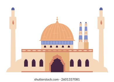 Mosque building exterior flat vector illustration isolated on white. Islamic religious architecture.