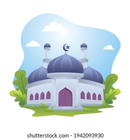 Mosque building with floral element, Ramadan Mubarak flat design illustration