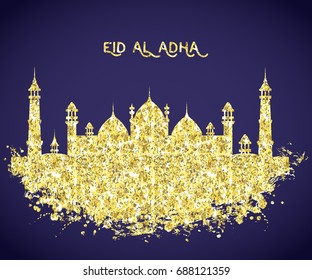 Mosque building with golden glitter foil texture . Greeting card for traditional muslim festival eid al adha. Vector illustration