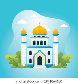 Ilustración de la mezquita con estilo de caricatura plana, diseño de elementos Ramadan Kareem