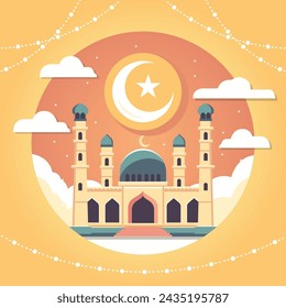 Edificio de la mezquita con la luna islámica y el logotipo de la estrella en vibraciones de ramadán.