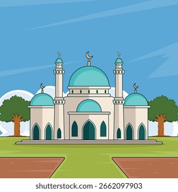 Mosque building landscaped vector illustration graphic design . Islamic Architecture with Blue Domes and Minarets for muslim worship religious landmark with Beautiful cartoon style