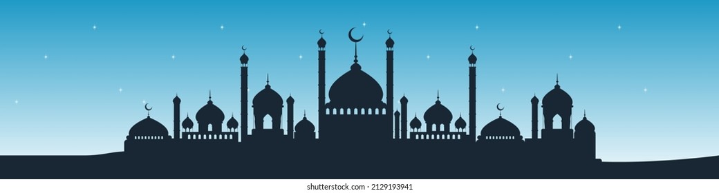 Mosque building on a background of blue sky with stars. Banner for Islamic holiday. 