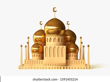 Mosque building realistic 3d design isolated with white background. Luxury gold palace, Muslim Arabic mosque. vector illustration