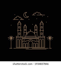 Moschee Gebäude Stil monoline Design ramadan Konzept einzeln schwarze Hintergrund goldene Farbe. Vektorgrafik