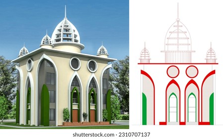 It is a mosque building, this is a four stored building, here are 3d images and elevation. 