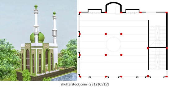It is a mosque building, this is a three stored building, here are 3d images and 1st, 2nd floor plan.